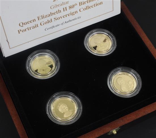 A cased Westminster Gibraltar four gold proof sovereign set, commemorating Queen Elizabeth II 80th birthday, no. 97/250.